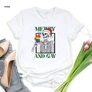 Merry and Gay Shirt, LGBTQ Christmas Shirt, Rainbow Pride Santa Skeleton Shirt